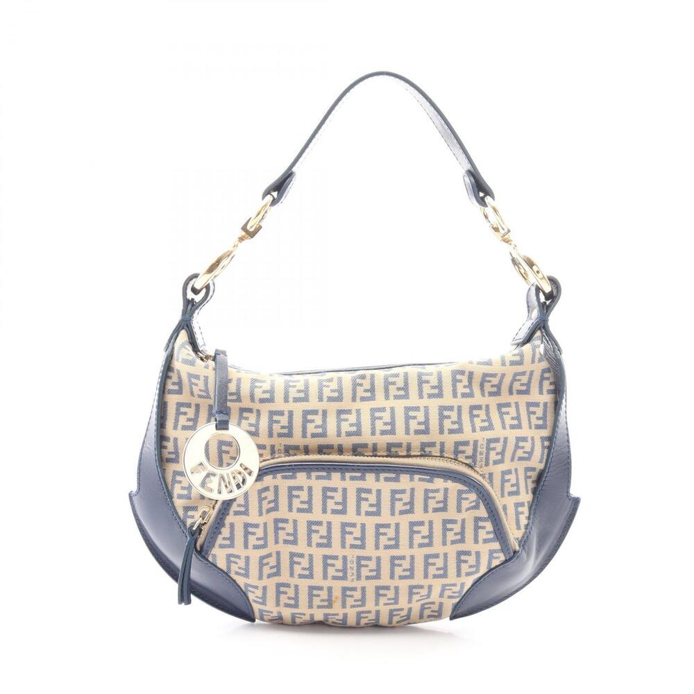 Fendi Zucchino Handbag Canvas Leather Beige Navy Blue